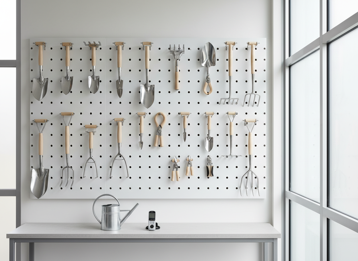 A neatly organized wall display of precision gardening tools inside a bright, minimalist storage room. Stainless-steel spades, trowels, pruning shears, and cultivators with smooth ash-wood handles hang in perfectly aligned rows on a matte white pegboard. Below, a narrow light-gray workbench holds a galvanized metal watering can and a compact soil tester, all spotless and carefully spaced. Large frosted windows on the side allow diffused natural daylight to wash across the scene, creating soft, controlled shadows and subtle highlights on the steel surfaces. The color palette leans toward whites, grays, and light wood tones. Captured straight-on with photographic realism and sharp focus, the balanced composition and clean lines emphasize order, quality, and the professional, structured aesthetic of a corporate gardening tools retailer.