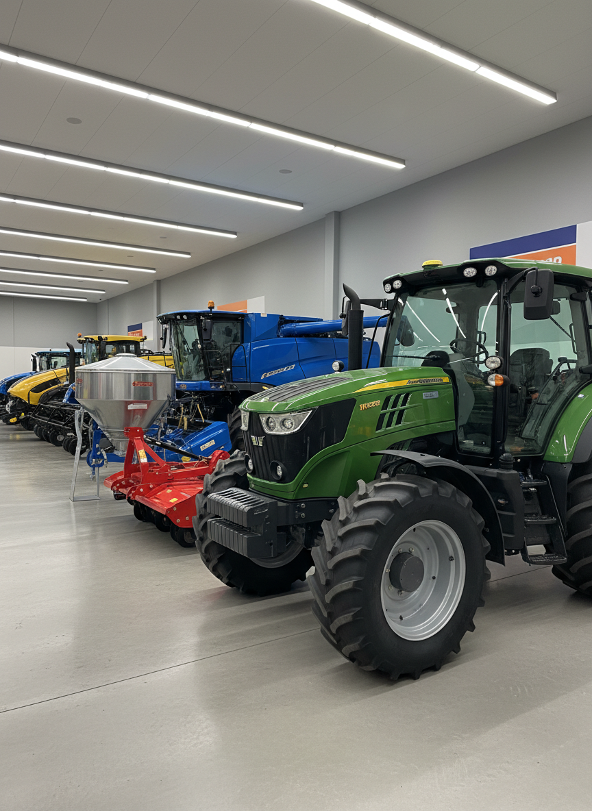A lineup of modern farm equipment arranged in a spacious, spotless warehouse with smooth concrete floors, presented like a premium showroom. In the foreground, a glossy green mid-sized tractor with large, deep-tread tires and a clean, streamlined cab is angled three-quarters toward the viewer. Behind it, neatly spaced implements such as a red rotary tiller and a stainless-steel seed spreader rest in orderly rows. Cool, diffused overhead LED lighting creates soft, controlled reflections on the painted metal and casts gentle, precise shadows. The overall palette is neutral grays and muted colors with occasional brand accents. Photographic realism, eye-level composition, sharp focus throughout, and a balanced, corporate aesthetic convey professionalism and reliability for an online farm equipment store.