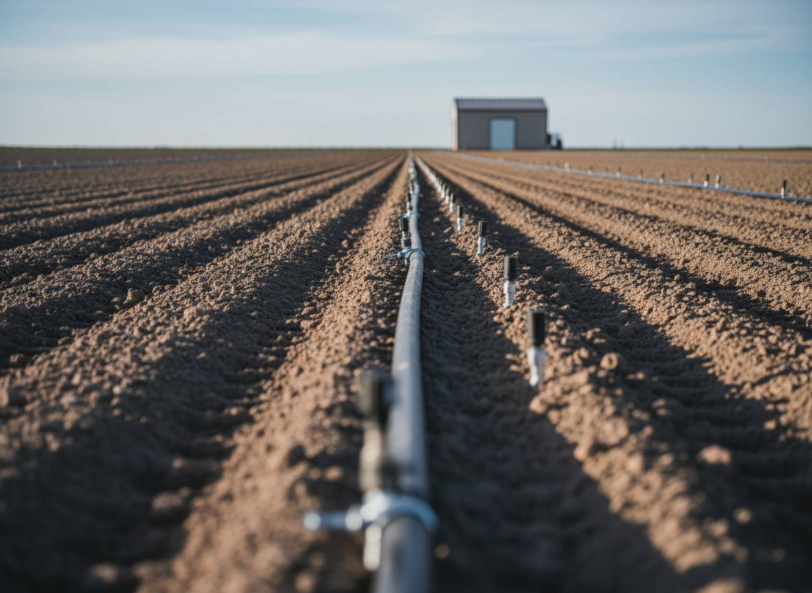A long, impeccably straight row of drip irrigation tubing and low-profile sprinkler heads laid across tilled soil in a demonstration field, leading the viewer’s eye toward a distant, neutral-toned equipment shed. The black tubing contrasts against the fine, evenly raked brown earth, with connection fittings and pressure regulators arranged at precise intervals. Late afternoon light filtered through thin clouds creates a soft, cool illumination with subtle highlights on the plastic components and gentle shadows along the furrows. The composition uses the rule of thirds and strong leading lines, captured at a low angle with photographic realism and sharp focus to the mid-ground. The atmosphere is orderly and technical, presenting irrigation as a refined, engineered solution within a clean, corporate agricultural context.